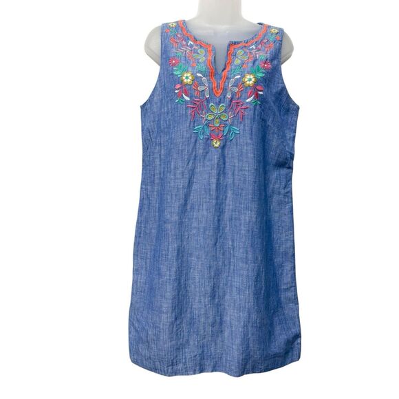 Talbots Dresses & Skirts - Talbots Linen Blend Floral Embroidered Chambray Shift Dress Blue Size 10